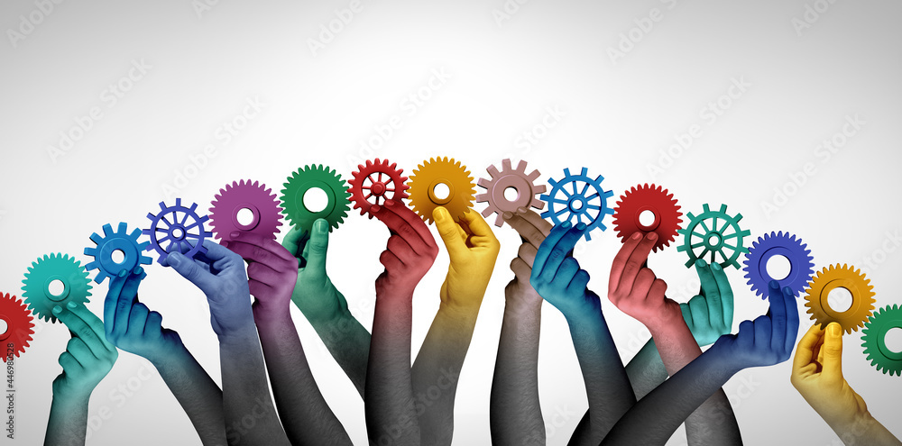 Fototapete Collaborating together and team collaboration concept or connecting unity teamwork idea as a business metaphor for joining a partnership as diverse people connected as employee cooperation.