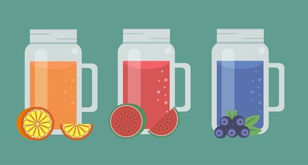 Set of mason jar with fruit juice,lemonade,fresh,smoothie. Summer drink flat illustration.