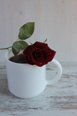 A mug of black coffee and a red rose on the table.
