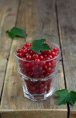 Red currant in a glass on wooden background