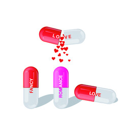 capsules for love, romance, heart falling from red capsule vector design on white background