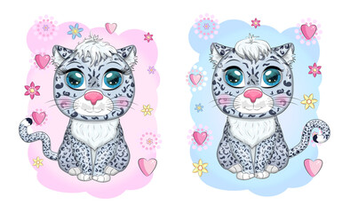 Cartoon snow leopard with expressive eyes. Wild animals, character, childish cute style.