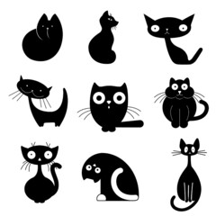 Set of vector black cats. Black cats in different poses. Black cat in vector silhouette. Cats in different styles.