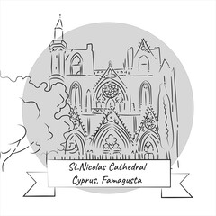 Line art of St. Nicolas Cathedral, Famagusta, Cyprus