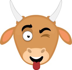 Vector emoticon illustration of a cartoon cow's face with a happy expression, winking and with its tongue out - obrazy, fototapety, plakaty