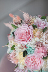 Preserved flower arrangement. Round box Summer Garden Posy Hydrangea Peony Rose in tiffany colors.