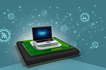 3d render Laptop computer with microchips
