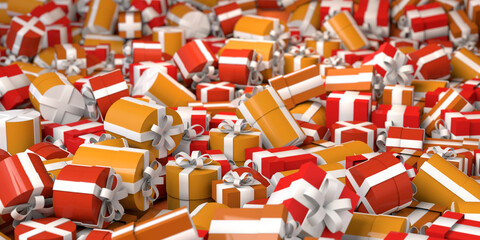 Background of gift or present boxes with shallow depth of field. Christmas banner. 3d illustration.