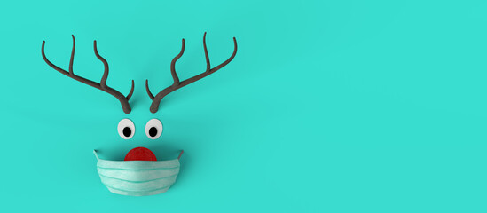Naklejka premium Christmas toy abstract reindeer banner with surgical mask. 3d illustration. Safe Christmas. Copy space.