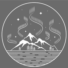 Illustration of simple line art landscape with mountains and water waves at night with northern lights in a circle frame