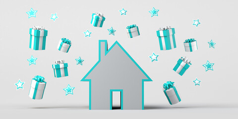 House icon surrounded by floating present boxes. Background to display product or Christmas promotion. 3d illustration. Banner. Real-estate market. - obrazy, fototapety, plakaty