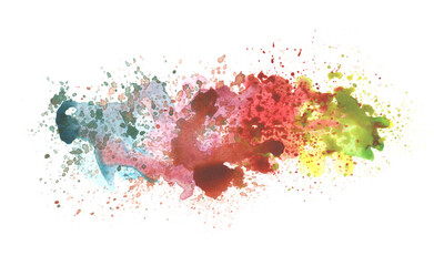 Watercolor flow blot with drops splash. Abstract texture color stain on white background.