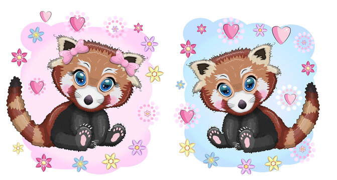 Two Cute cartoon red pands with beautiful eyes among flowers, hearts, a boy and a girl. baby shower invitation card.