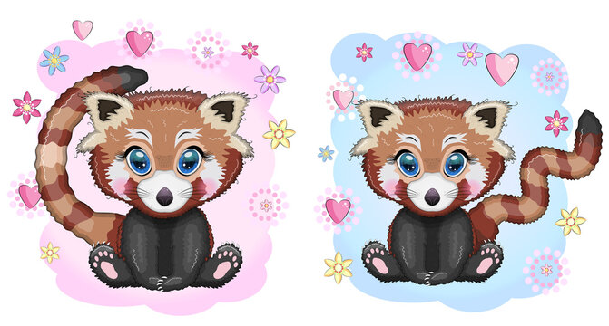Two Cute cartoon red pands with beautiful eyes among flowers, hearts, a boy and a girl. baby shower invitation card.