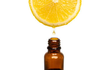 Essential oil with lemon on white background