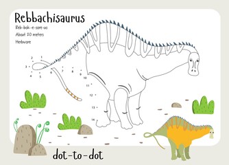 A dot by dot worksheet with dinosaur, name, facts and alphabet letter. Children's riddle.Coloring page for kids. Activity art game. Vector illustration. Set cards a-z dinosaur R. Rebbachisaurus
