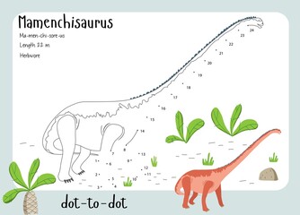 A dot by dot worksheet with dinosaur, name, facts and alphabet letter. Children's riddle.Coloring page for kids. Activity art game. Vector illustration. Set cards a-z dinosaur M. Mamenchisaurus