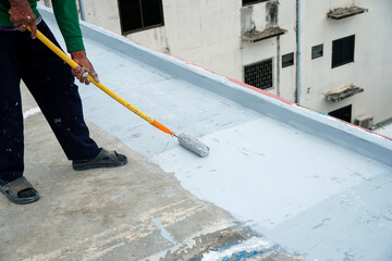 Hand painted gray flooring with paint rollers for waterproof, reinforcing net,Repairing...