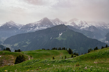 Schynige Platte, Bernese Oberland, Switzerland - Aerial Panorama View with Swiss Alps Eiger, Mönch...