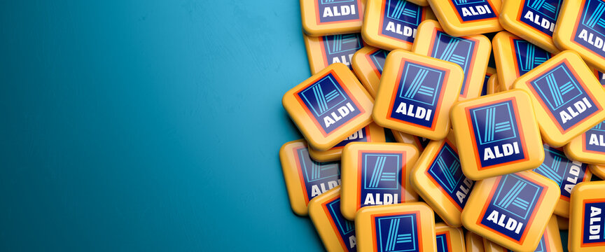 Logos of the German discount supermarket chains Aldi (international logo). Aldi consists of two indepent chains which were started by two brothers.