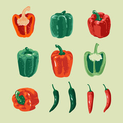 Vector summer set of sweet and hot peppers isolated on green background