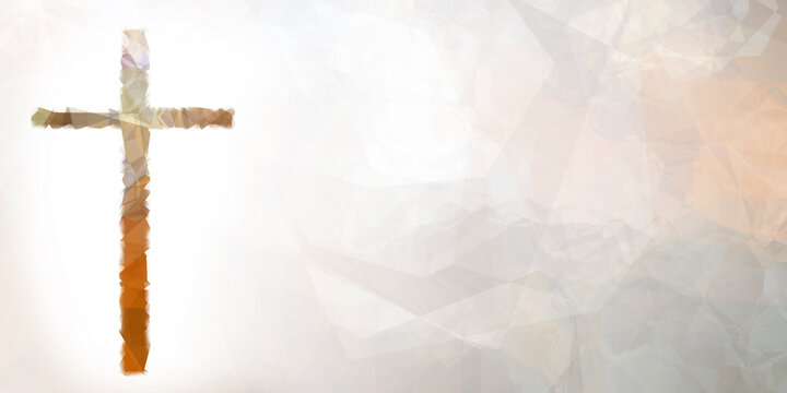 cross in rust, orange, beige, sage - polygons with white copy space, worship slide background with copy space for text like worship lyrics, scripture...