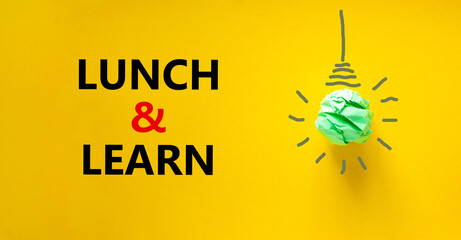 Lunch and learn symbol. Green shining light bulb icon. Words 'Lunch and learn'. Beautiful yellow...