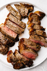 Overhead platter of sliced flat iron steaks