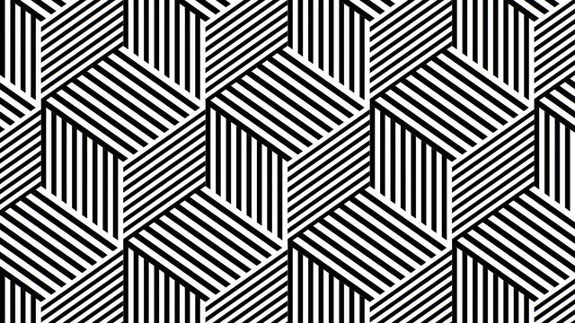 Isometric Cubes 3D Black and White Stripe Pattern Optical Illusion - 4K Seamless VJ Loop Motion Background Animation