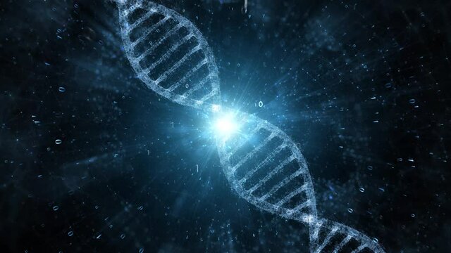 Abstract blue colored shiny dna molecule on futuristic digital data animation background.	