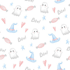 Halloween, seamless pattern from ghosts, witch hats, lollipop, stars, hearts. Festive halloween pattern