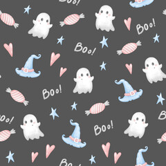 Halloween, seamless pattern from ghosts, witch hats, lollipop, stars, hearts. Festive halloween pattern