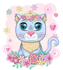 Cute cartoon blue cat, kitten on a background of flowers