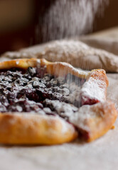 The pie is sprinkled with powder. Сurrant pie. Powdered sugar. Biscuit with currants. Tart with currants
