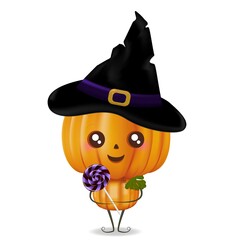 Pumpkin man in a black pointed hat holds a lollipop in front of him