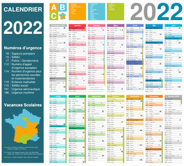 Calendrier 2022 14 mois avec vacances scolaires 2021-2022 et 2022-2023 officielles entièrement modifiable via calques et texte arial