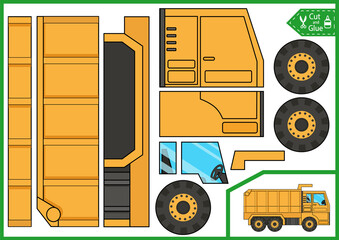 Kids craft puzzle with truck. Cut and glue activity page. Worksheet with a paper construction vehicle. 