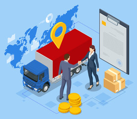 Isometric Export and Import Business. Businessmen handshake at industrial container terminal. Global logistics network trucks transportation maritime shipping On-time delivery Vehicles - obrazy, fototapety, plakaty
