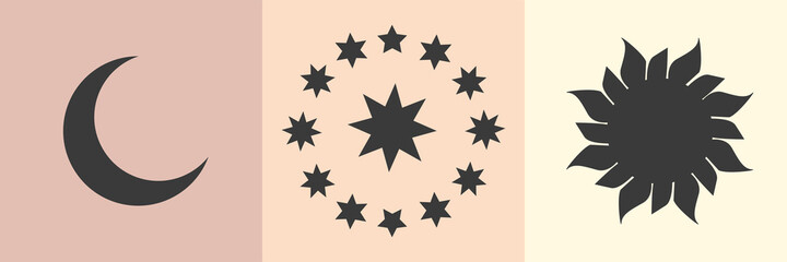 Ethnic set with hands, moon, crystals, quartz, floral, plant, cats, eye and other magic elements. illustration