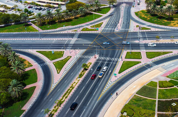 ,UAE - 07.22.2021 Cross road junction from above. Street