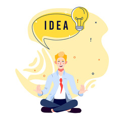 Businessman in lotus pose having an Idea. Creative Office Worker doing yoga. Cartoon Vector Illustration