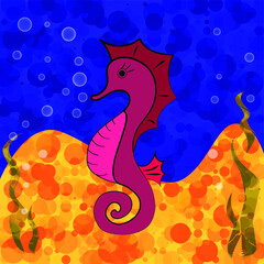 seahorse on the bottom of the sea, ocean, bubbles, sand, algae