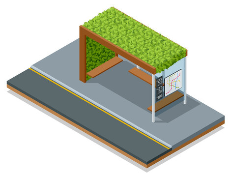 Isometric modern bus stop with lawns on the roof in the city eco park, roofs are covered with green grass.