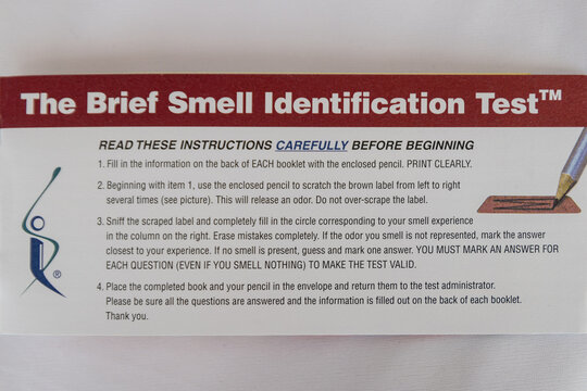 LONDON, UK – SEPTEMBER 1, 2020: The Brief Smell Identification Test booklet with scratch and sniff panels for diagnosis of anosmia in patients with rhinosinusitis, covid-19 and other loss of smell