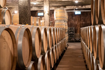 Keeping for years of dry red wine in new oak barrels in caves in Burgundy, made from pinot noir grape