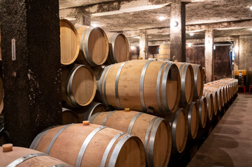 Keeping for years of dry red wine in new oak barrels in caves in Burgundy, made from pinot noir grape