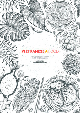 Vietnamese food top view frame. A set of vietnamese dishes . Food menu design template. Vintage hand drawn sketch vector illustration. Engraved image