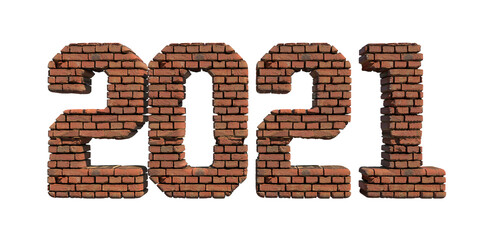 2021 red brick wall bold letters isolated on white 3d-illustration
