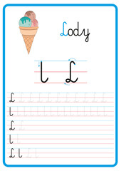 Plansza do nauki pisania liter alfabetu, litera l