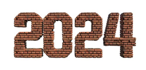 2024 red brick wall bold letters isolated on white 3d-illustration
